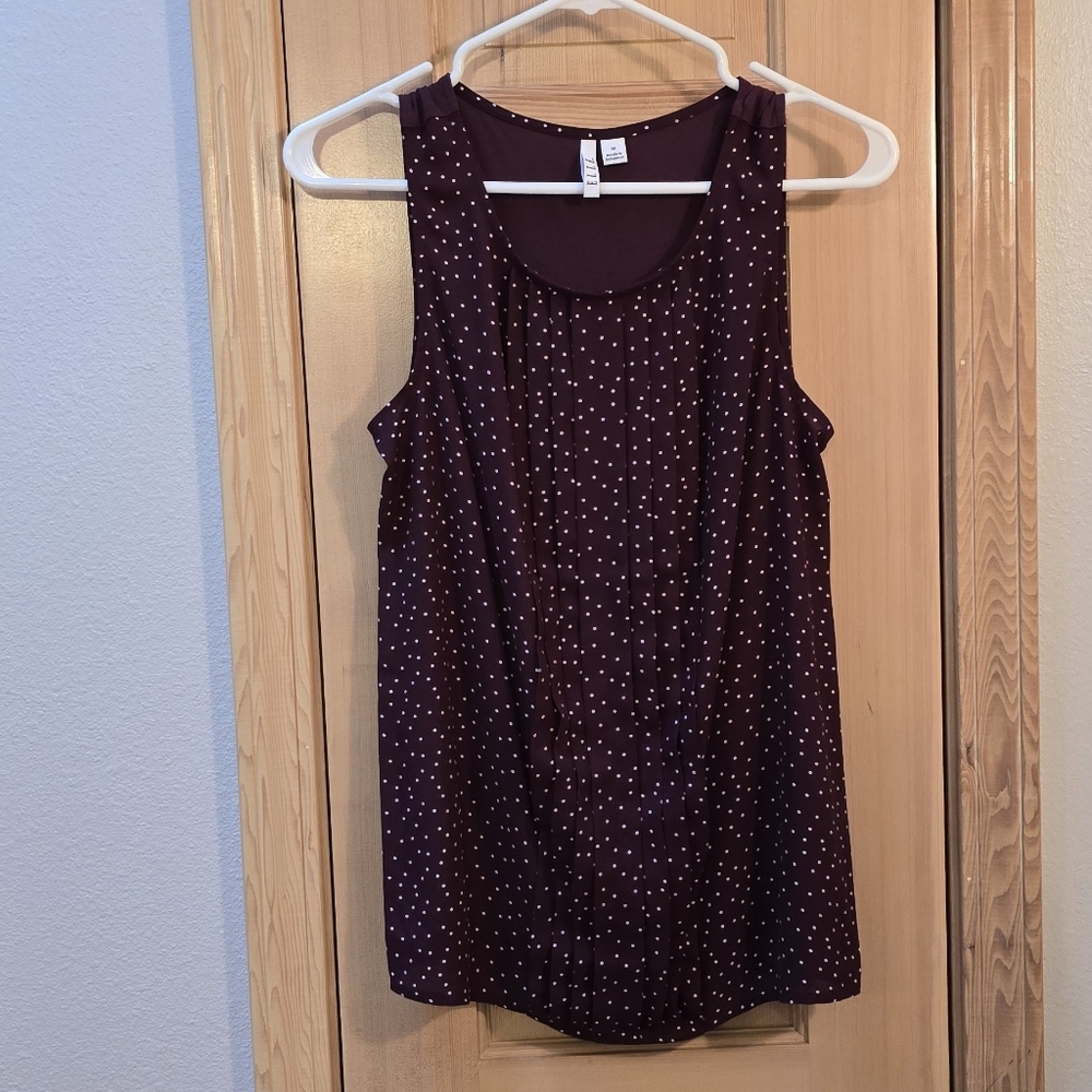 ELLE Top Medium Burgundy/White Polkadot Sleeveless Tank Women's